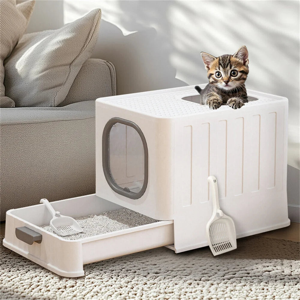 Large Cat Litter Box Enclosed Skylight with Drawer Scoop