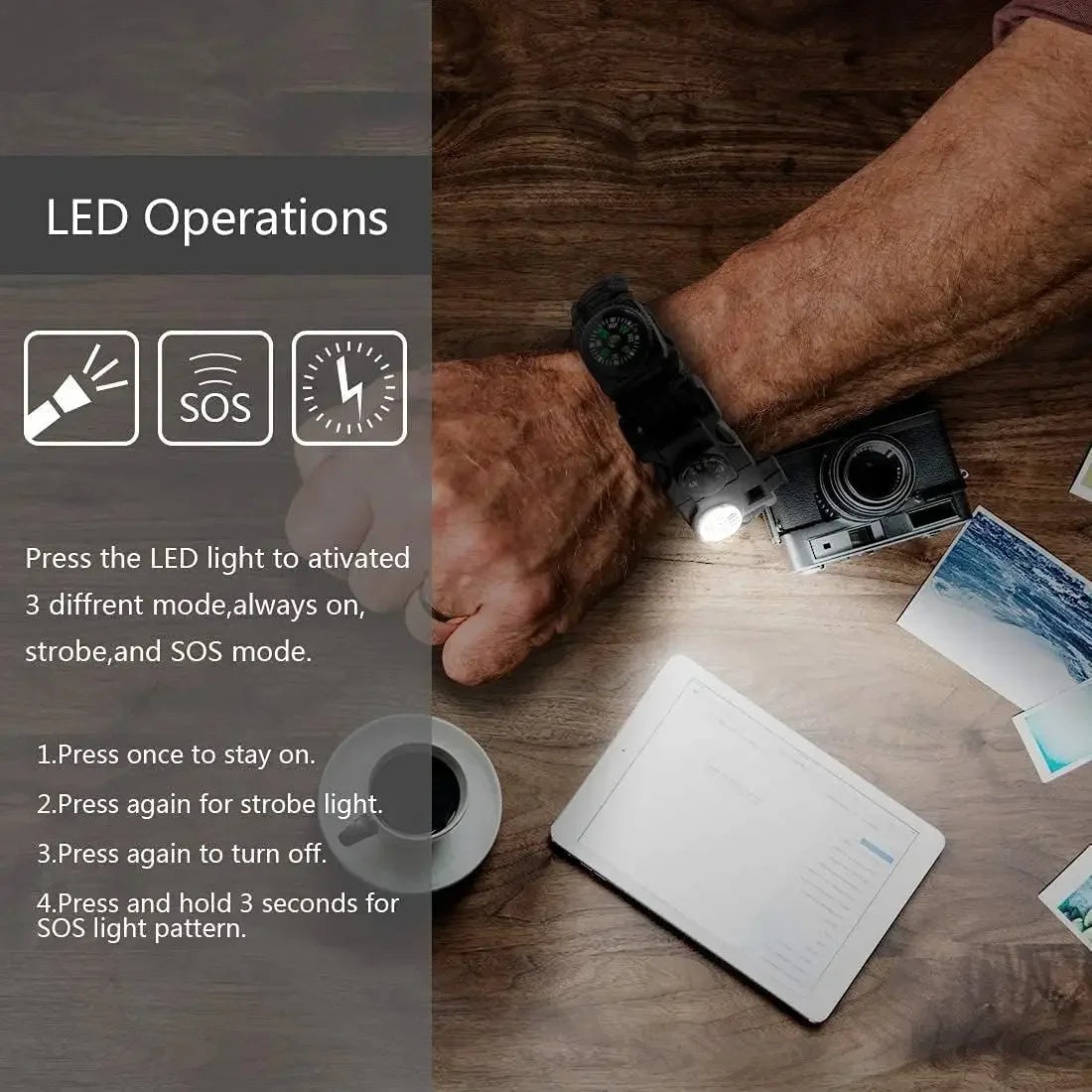 20-In-1 Survival Paracord Bracelet With SOS LED And Fire Starter