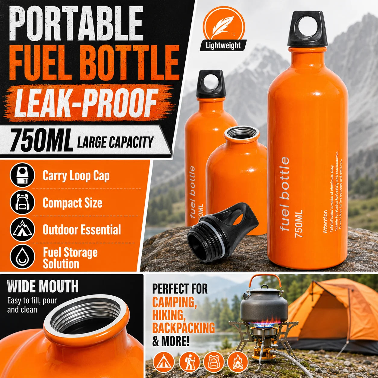 Aluminum Fuel Bottle For Outdoor Camping Gear Leakproof
