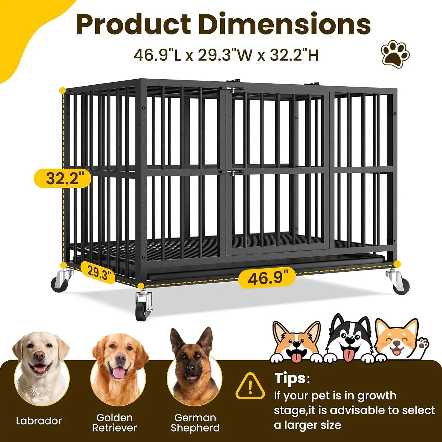 Heavy Duty Dog Crate Steel Double Door Indoor Kennel