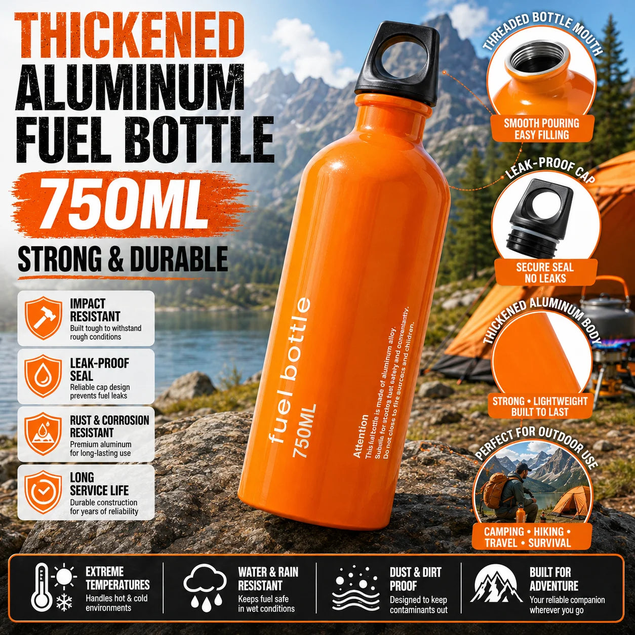 Aluminum Fuel Bottle For Outdoor Camping Gear Leakproof