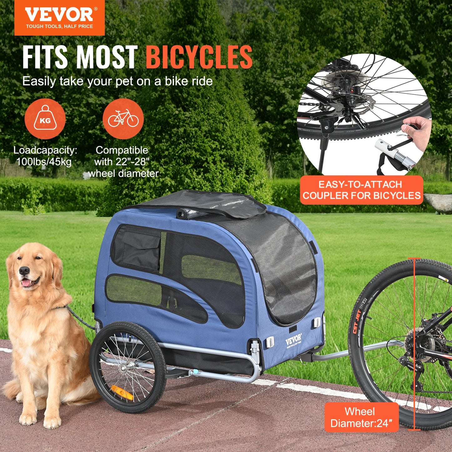 Dog Bike Trailer Carrier With Coupler And Reflectors 100lbs