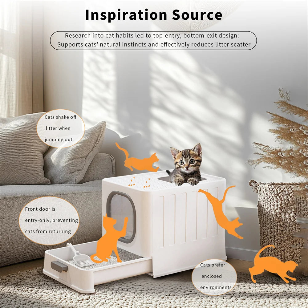 Large Cat Litter Box Enclosed Skylight with Drawer Scoop